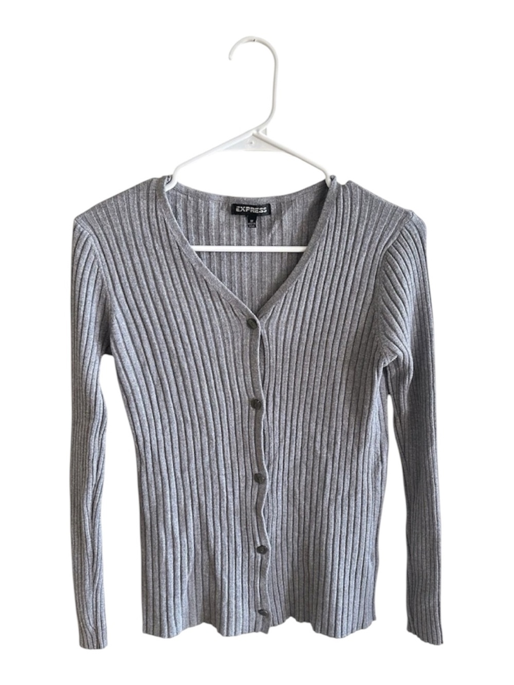 Express Women’s Gray Ribbed Button-Front Sweater